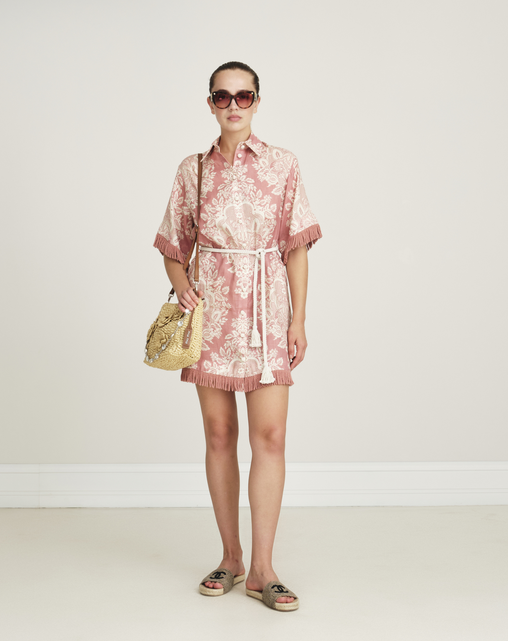 Zimmermann - Rose Floral Baroque Relaxed Fringe Shirt Mini Dress SIZE0